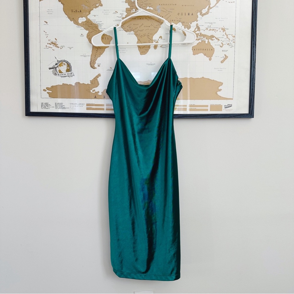 Green satin midi slip dress